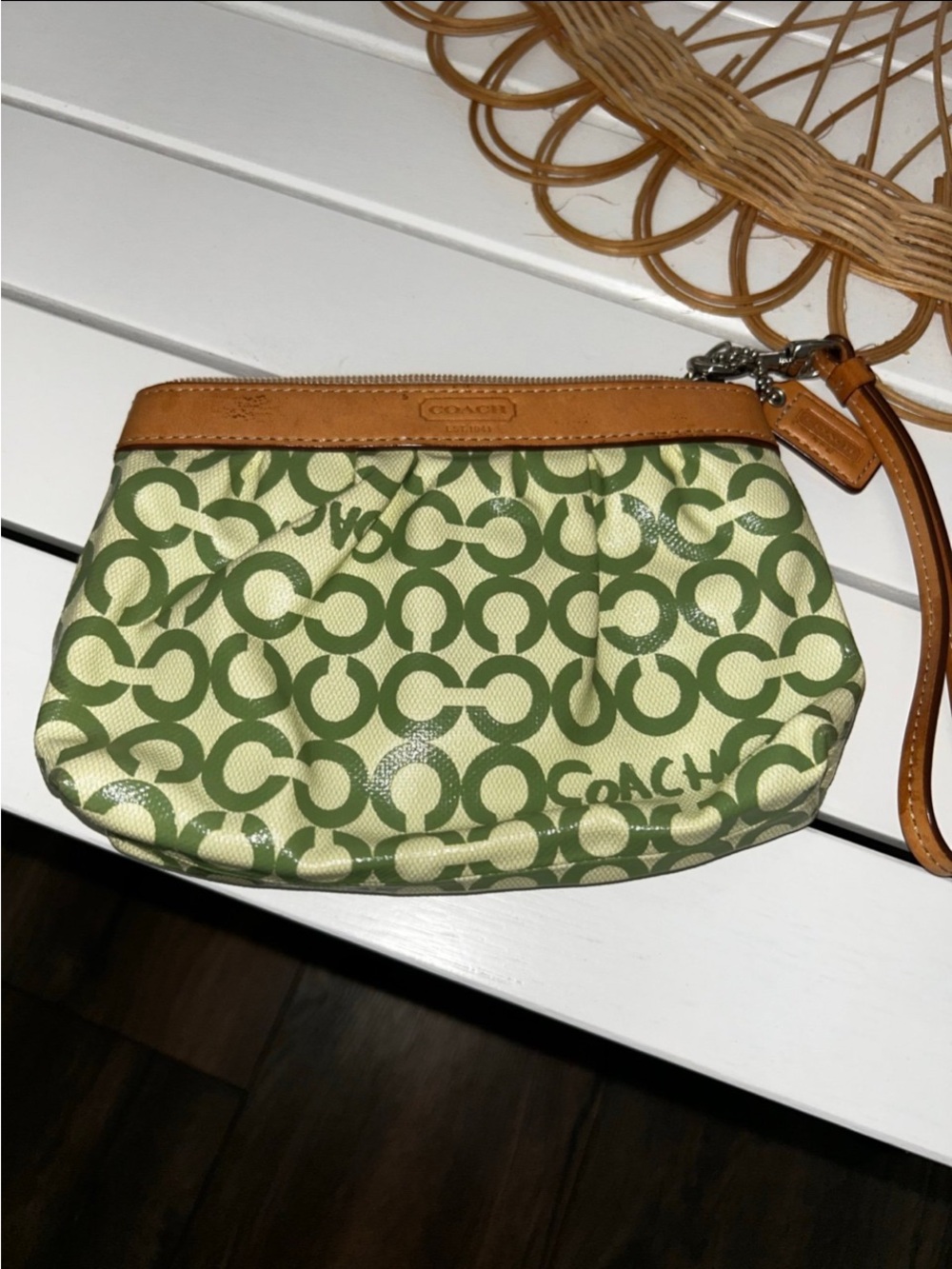 Coach Green Signature Wristlet with Tan Leather Trim